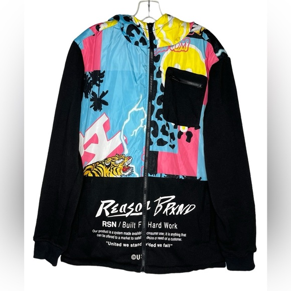 Reason Brand All Over Y2K Print Zip Up Hoodie Jacket Size Medium - Picture 1 of 5